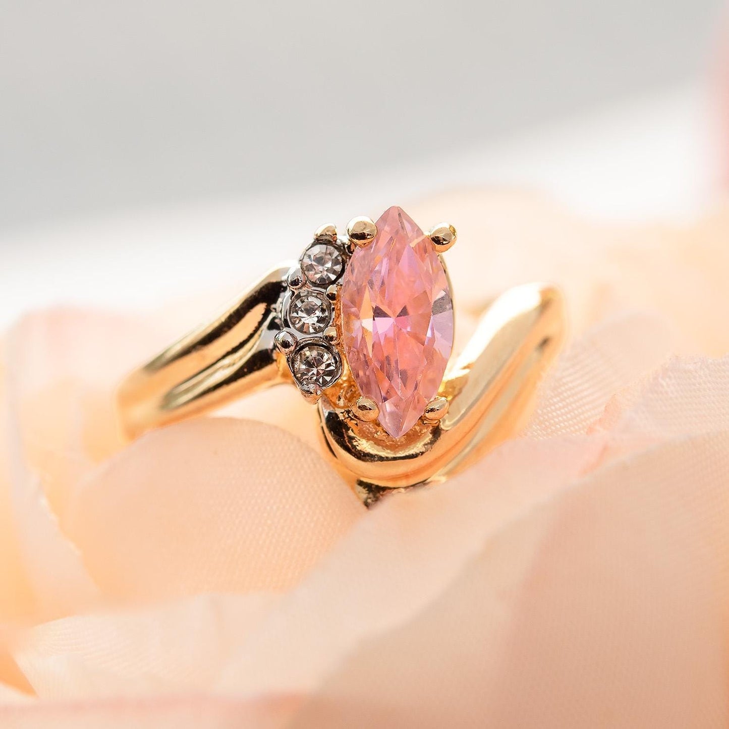 Womens Vintage 18k Gold Electroplated Ring Marquise Pink Tourmaline Cubic Zirconia and Crystal October Birthstone Ring