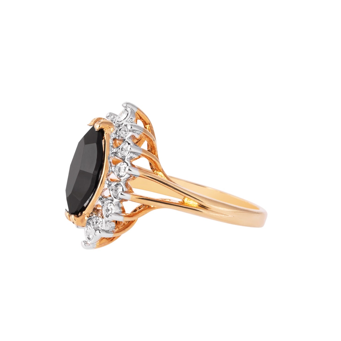 Vintage Black and Clear Austrian Crystals 18k Yellow Gold Plated Ring  R1891