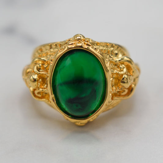 Vintage Antique Cabochon Emerald Crystal Ring 18k Gold Electroplated Womans Jewelry