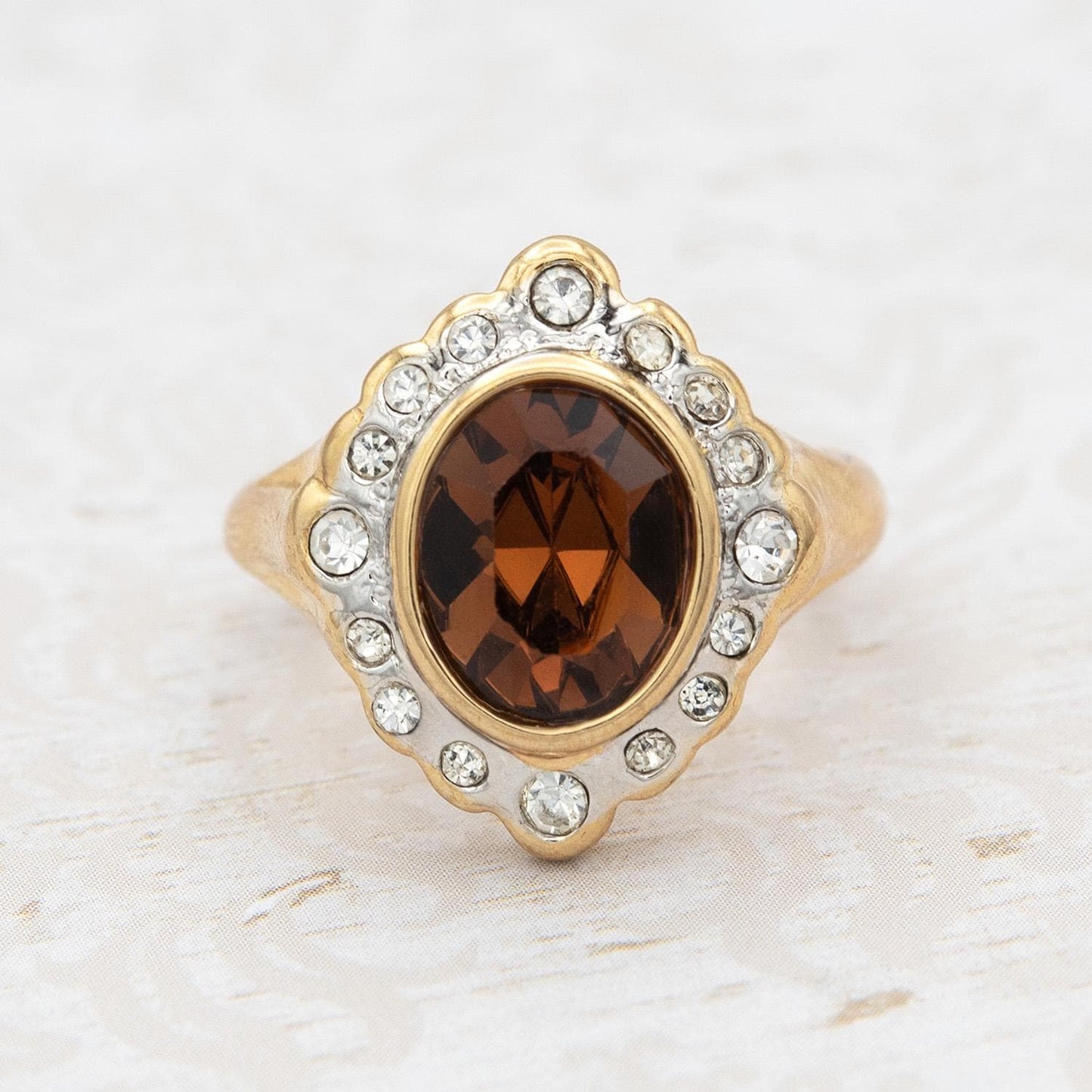 18k Gold Electroplated Smoke Topaz Crystal Girls November Birthstone Ring Vintage Victorian Design with Austrian Crystals