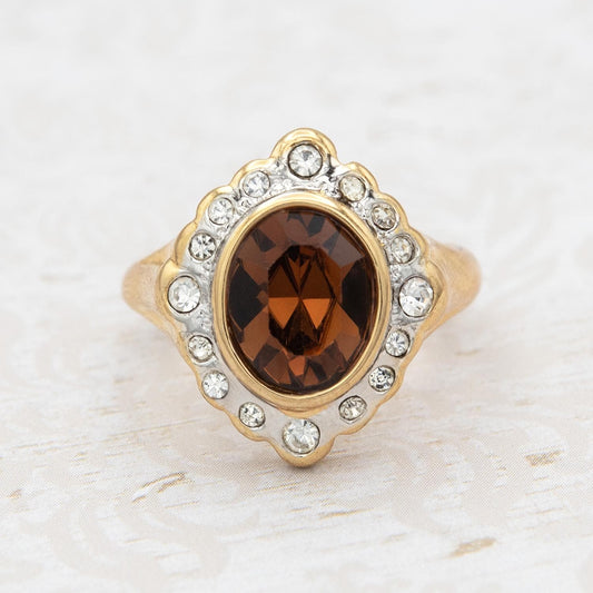 18k Gold Electroplated Smoke Topaz Crystal Girls November Birthstone Ring Vintage Victorian Design with Austrian Crystals