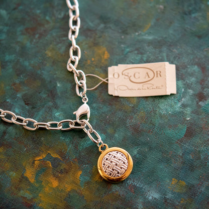 Vintage Oscar De La Renta Gold and Silver 16" Inch Pendant Reversable Necklace Basket Weave Designer Oscar Logo for Women Girls Necklaces