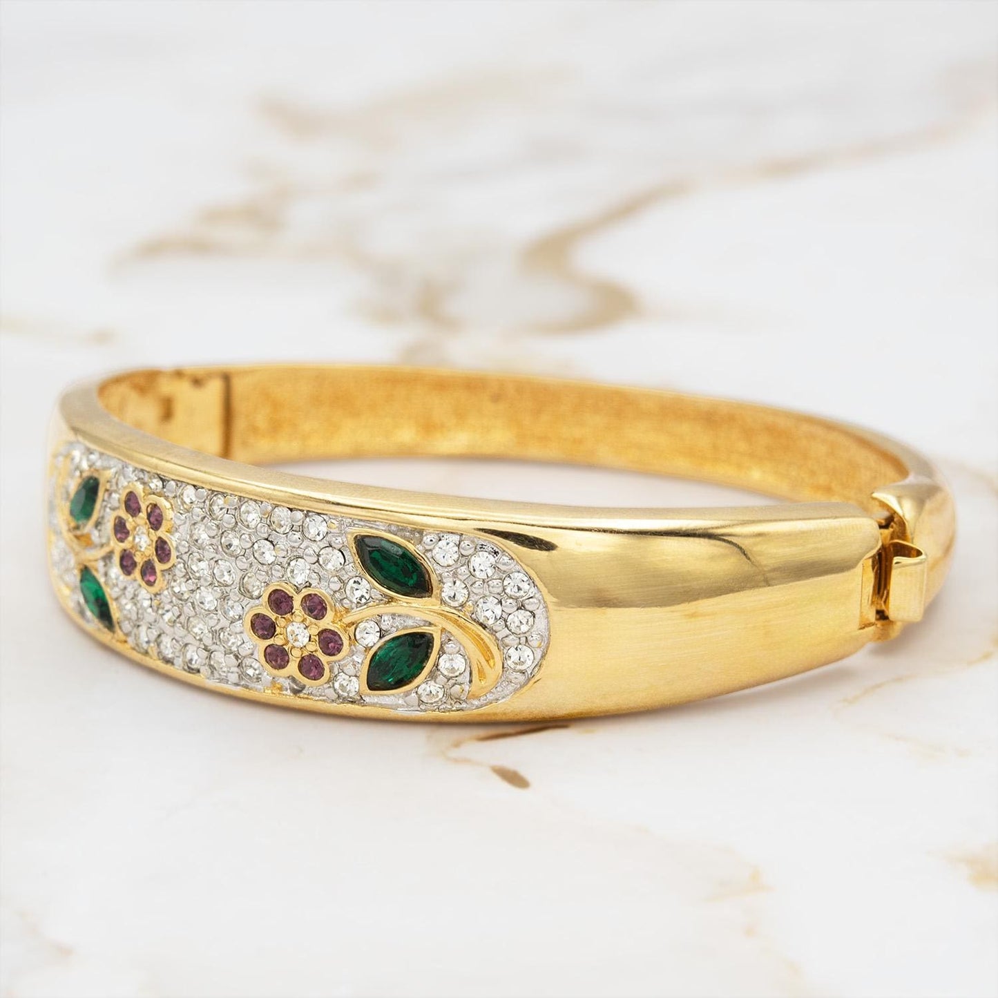 Vintage Womens Gold Plated Crystal Flower Design Bangle Bracelet Antique Estate Handmade Jewelry for Girls Layering Bracelets