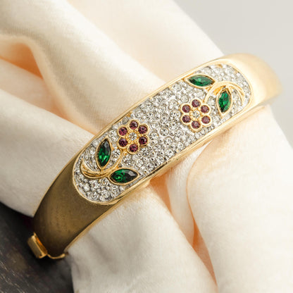 Vintage Womens Gold Plated Crystal Flower Design Bangle Bracelet Antique Estate Handmade Jewelry for Girls Layering Bracelets