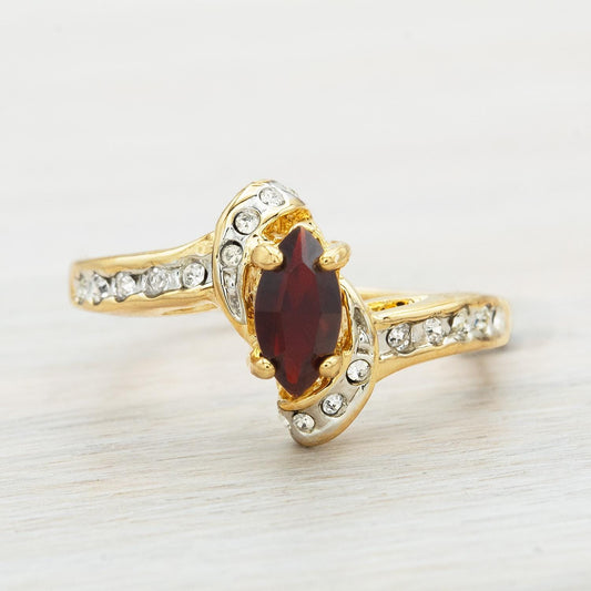 Vintage Woman's Antique Garnet Austrian & Clear Crystal Ring 18k Gold Electroplated USA Handmade