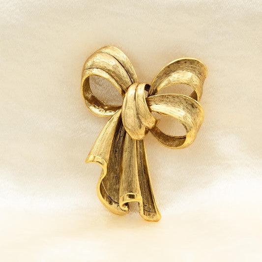 Vintage Oscar de la Renta Bow Brooch Yellow Gold Plated Designer Pin for Women