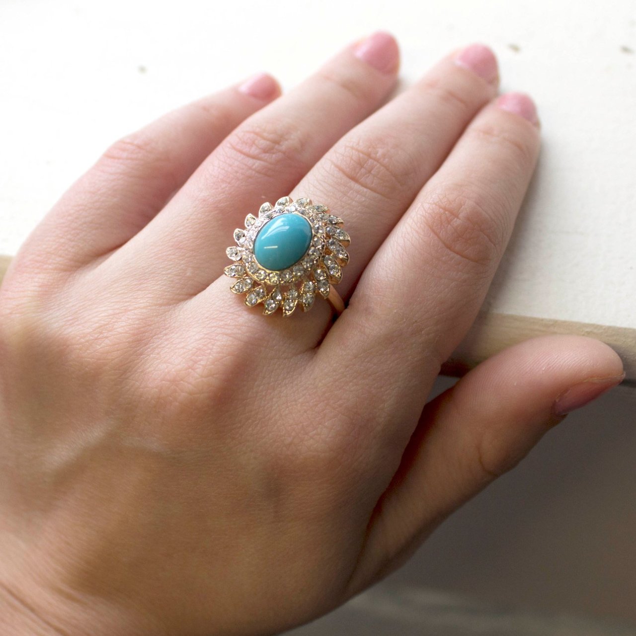 Vintage Turquoise Bead with Clear Austrian Crystals 18k Yellow Gold Electroplated Ring Made in USA