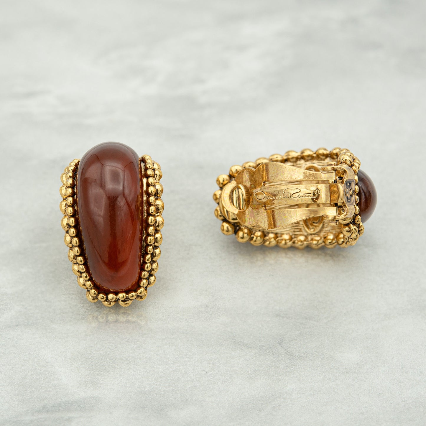 Vintage Earrings Oscar de la Renta Clip Earrings Gold with Carnelian Stones OSE-13500-C - Limited Stock - Never Worn