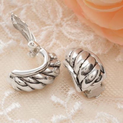 Womens Vintage Oscar de la Renta Clip Earrings Weave Silver Jewelry Hoop Earring Handmade Antique Made in USA Antique Designer Antique