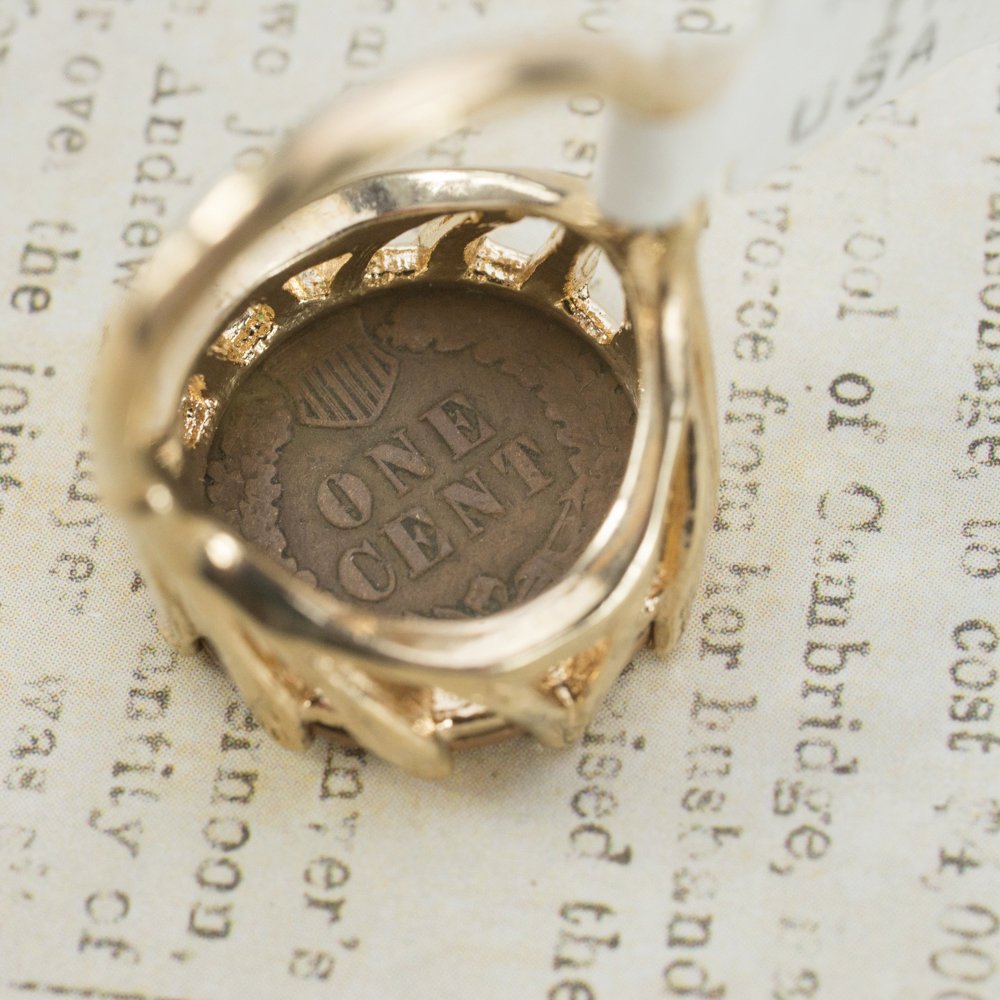 Vintage Indian Head Copper Penny Ring 18k Antiqued Yellow Gold Electroplated Made in USA