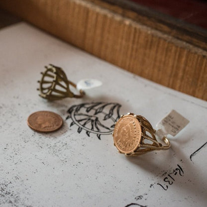 Vintage Indian Head Copper Penny Ring 18k Antiqued Yellow Gold Electroplated Made in USA