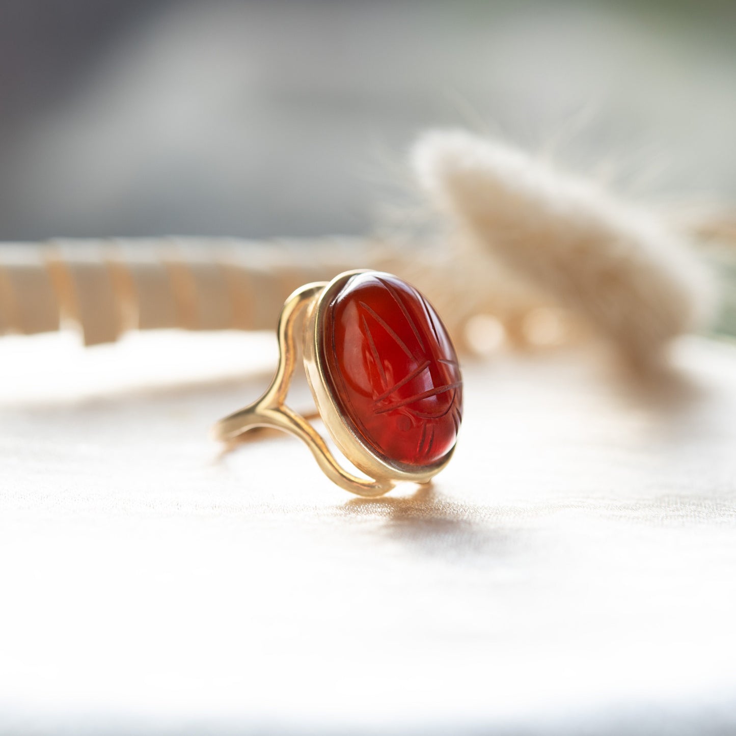 Vintage 1970s Scarab Beetle Genuine Carnelian Stone Yellow Gold Electroplated Ring Made in USA