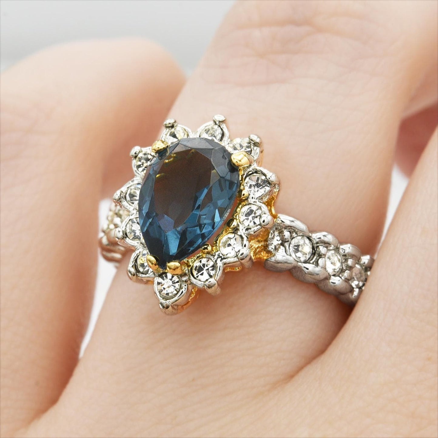 Vintage 18k Gold Electroplated Ring:Cubic Zirconia and Crystal, 1990s Jewelry