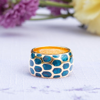 Vintage Ring 1970s Blue Turquoise Enamel 18k Gold Electroplated Ring Mid Century Design Band Ring