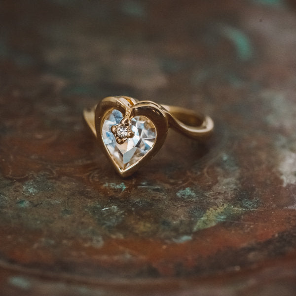 Vintage 1970s Heart Shape Ring with Clear Austrian Crystal 18k Yellow Gold Electroplated