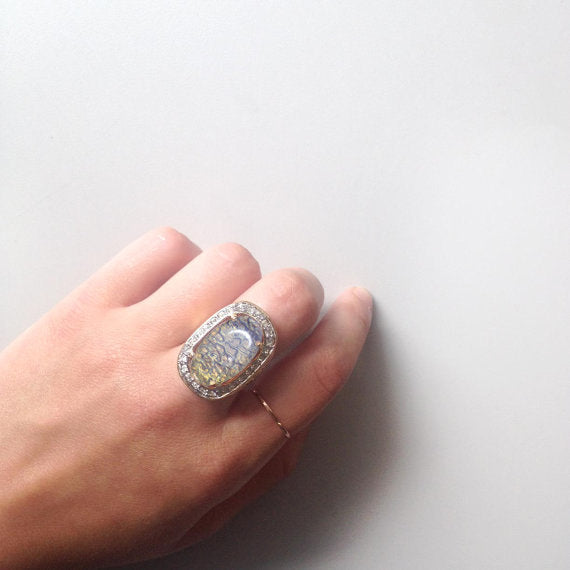 Vintage Large Opal and Clear Austrian Crystals 18kt Yellow Gold Electroplated Cocktail Ring Made in USA