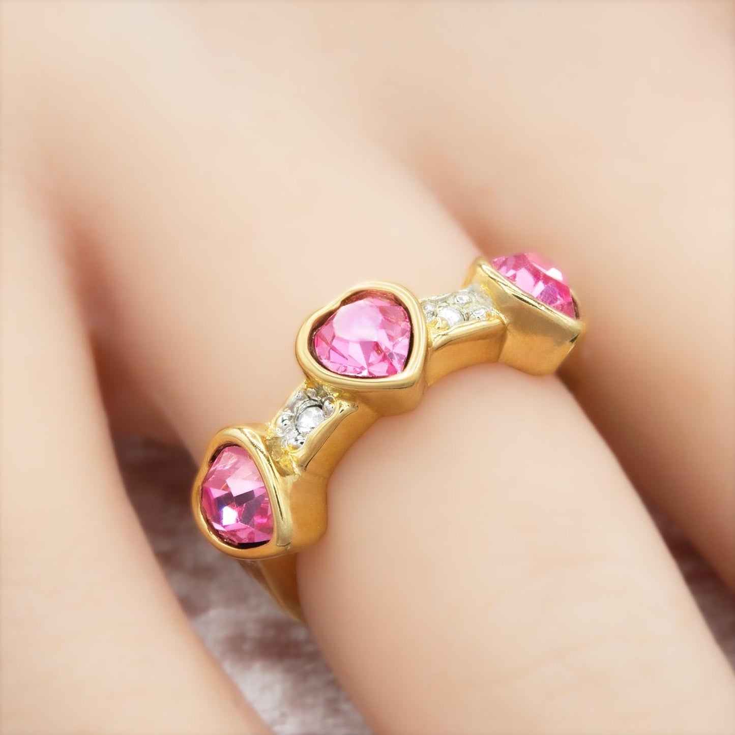 Vintage Ring Pink Crystal Triple Heart Womens Ring 18k Gold Electroplated Stacking Valentine's Day Womans Gifts Antique Jewelry