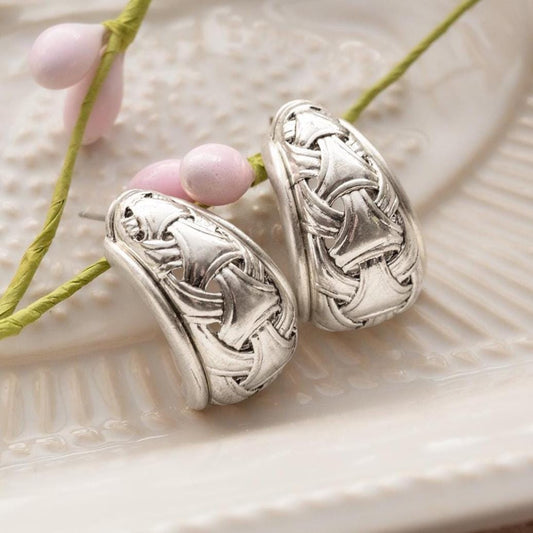 Womens Vintage Oscar de la Renta Clip Earrings Weave Design Silver Jewelry Hoop Earring Handmade Antique Made in USA Antique Designer