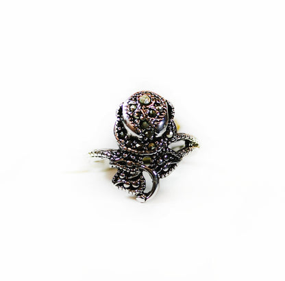 Vintage Genuine Marcasite Pave Rose Ring Antiqued Rhodium Plated Made in USA