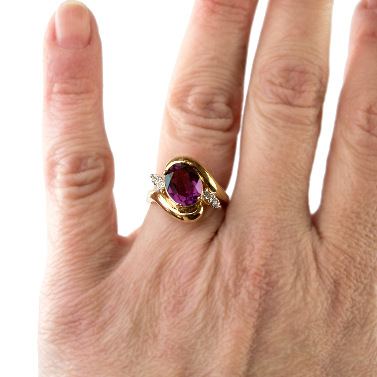 Vintage Ring Amethyst and Clear Austrian Crystals 18kt Yellow Gold Electroplated Made in USA