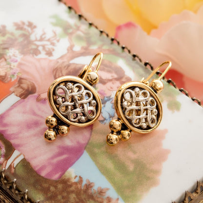 Womens Vintage Oscar De La Renta Dangle Earrings Yellow & White Gold Plated Filigree Lever Backs Women's Jewelry Small Designer Drop Earring