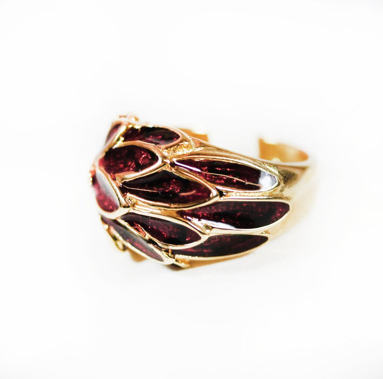 Vintage 1970's Deep Ruby Enamel with Sparkle Undertone Leaf Motif 18k Gold Electroplated Ring