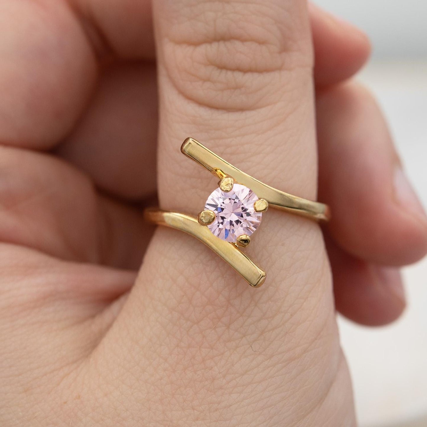 Vintage Pink Tourmaline Cubic Zirconia Ring Womens Antique 18k Gold Electroplated October Birthstone Ring