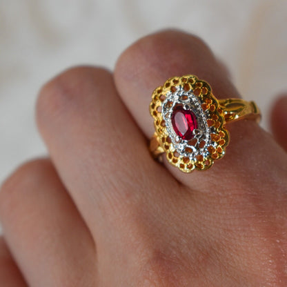 Vintage Womens Ring Austrian Crystal 18k Gold Filigree Cocktail Ring Made in USA Never Worn Antique Women's Gold Rings