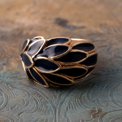 Vintage 1970s Deep Blue Enamel Leaf Motif 18k Gold Electroplated Ring Made in USA #R1933