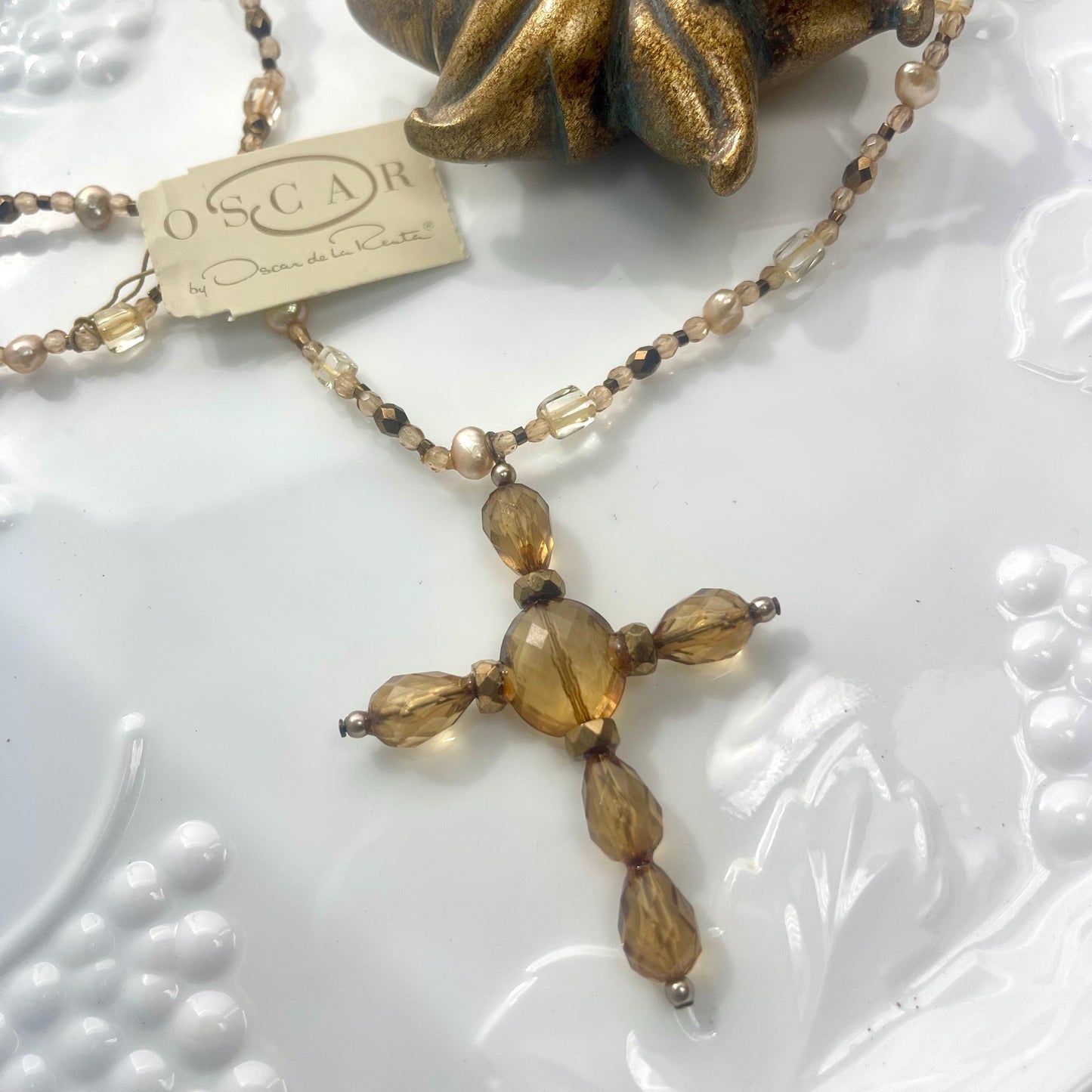 Vintage Oscar de la Renta Amber Bead Cross and Freshwater Pearl Cross Necklace