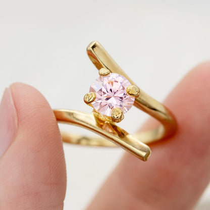 Vintage Pink Tourmaline Cubic Zirconia Ring Womens Antique 18k Gold Electroplated October Birthstone Ring
