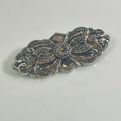 Vintage Brooch Victorian Era Pin Design Diamond Chip Stone with 20 Genuine Marcasite Stones, 18kt White Gold Electroplated Antique Design