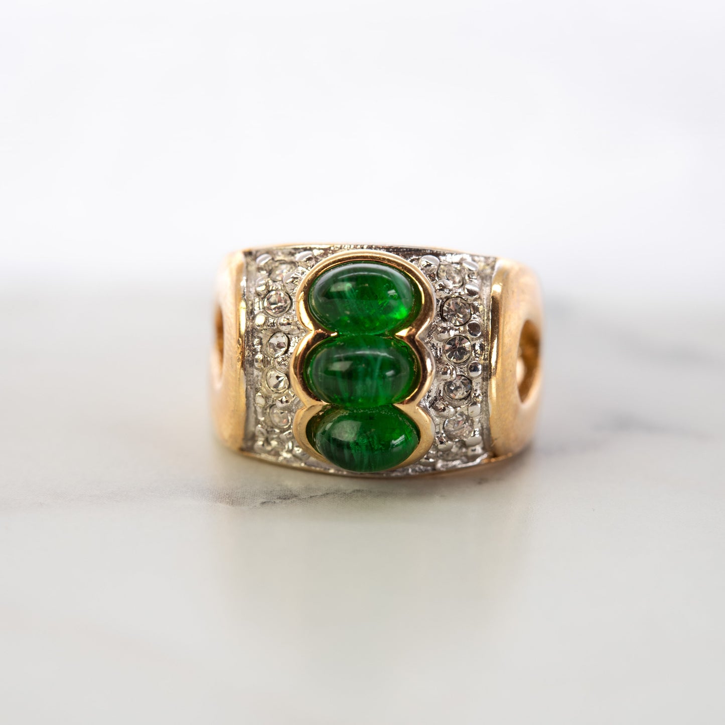 Vintage Ring Green Cabochon and Clear Crystal Ring 18k Gold Electroplated Ring