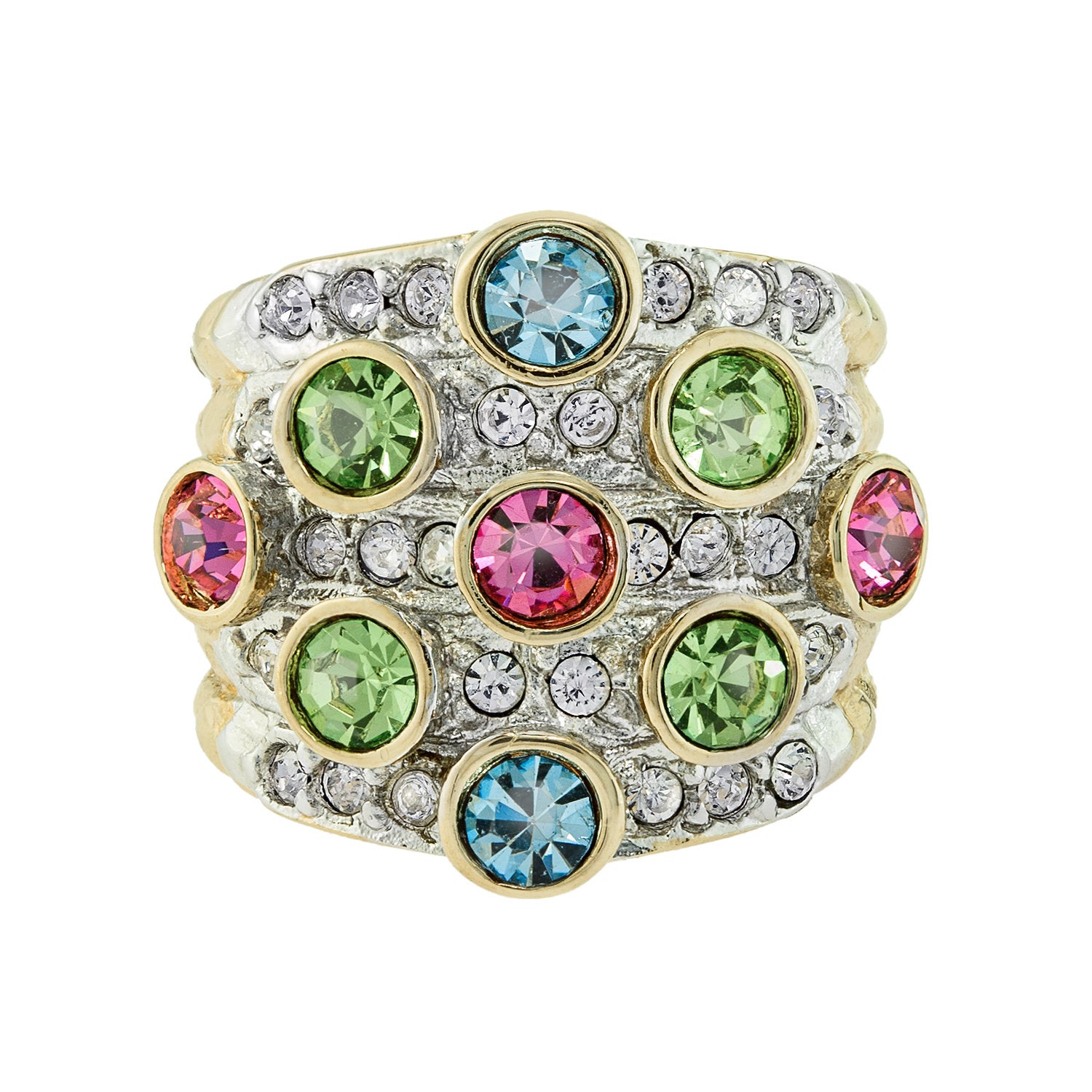 Vintage Pave Pastel Multi Color Crystals and Clear Austrian Crystal Ring 18k Yellow Gold Electroplated Made in USA