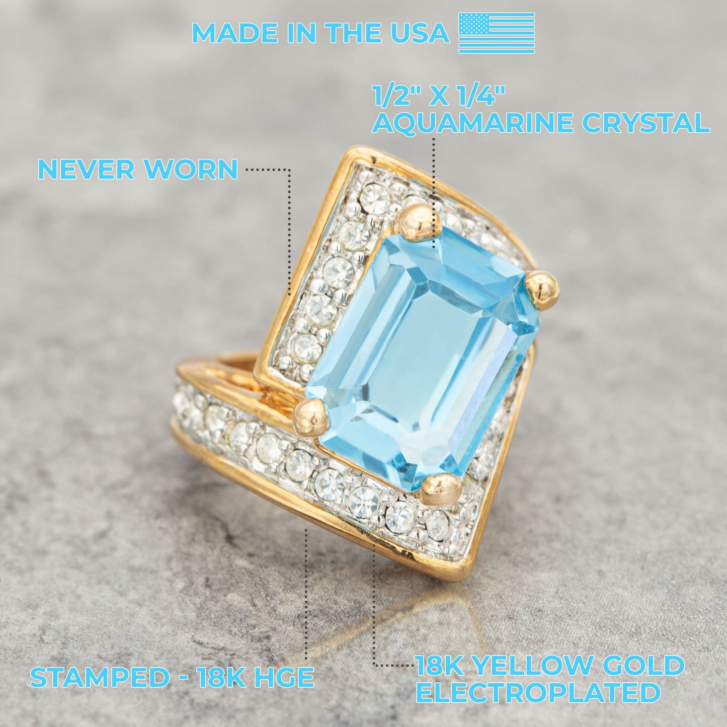 Vintage Ring Aquamarine and Clear Austrian Crystal Ring 18k Gold Antique Jewelry for Women R1914-ACY - Limited Stock - Never Worn