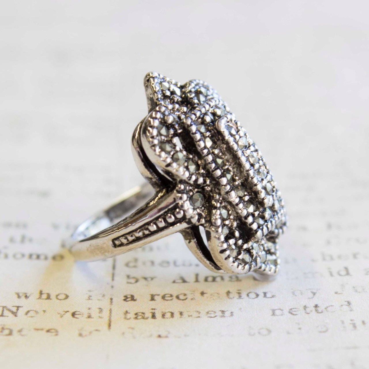 Vintage Ring Genuine Marcasite Antiqued 18k White Gold