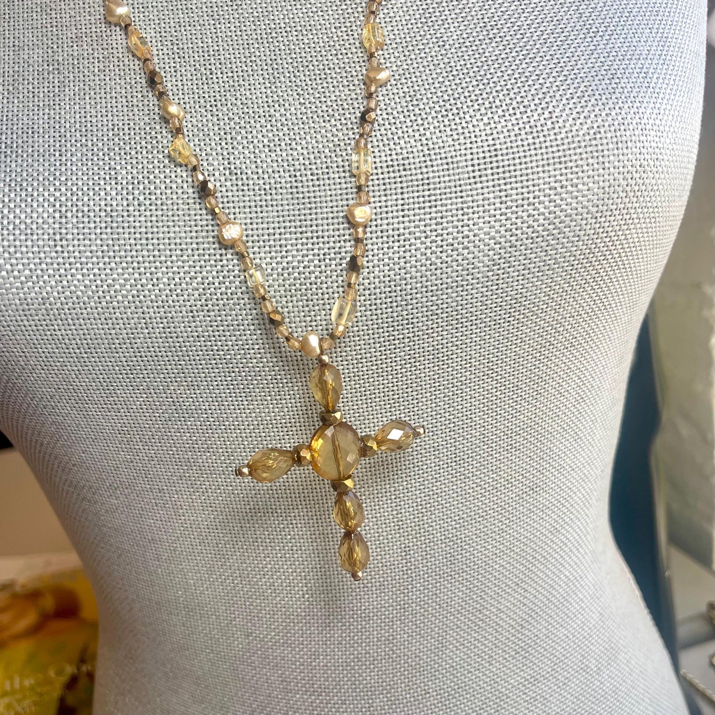 Vintage Oscar de la Renta Amber Bead Cross and Freshwater Pearl Cross Necklace