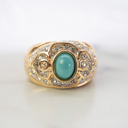 Womens Vintage Ring Turquoise Glass Bead Austrian Crystals Cocktail Ring