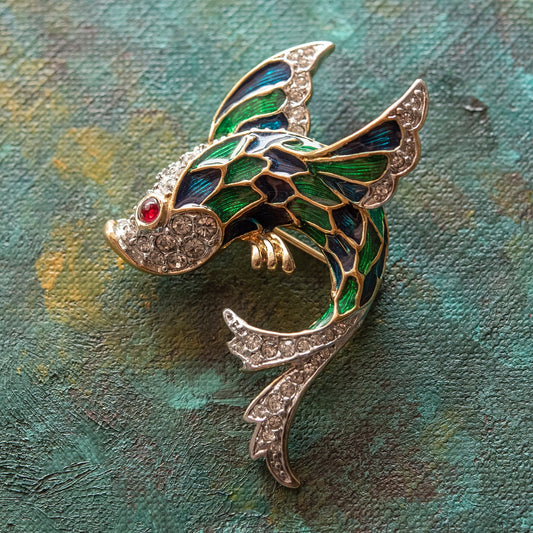 Vintage Fish Pin Hand Painted and Clear Swarovski Crystals Ruby Crystal Eye 18k Gold Electroplated