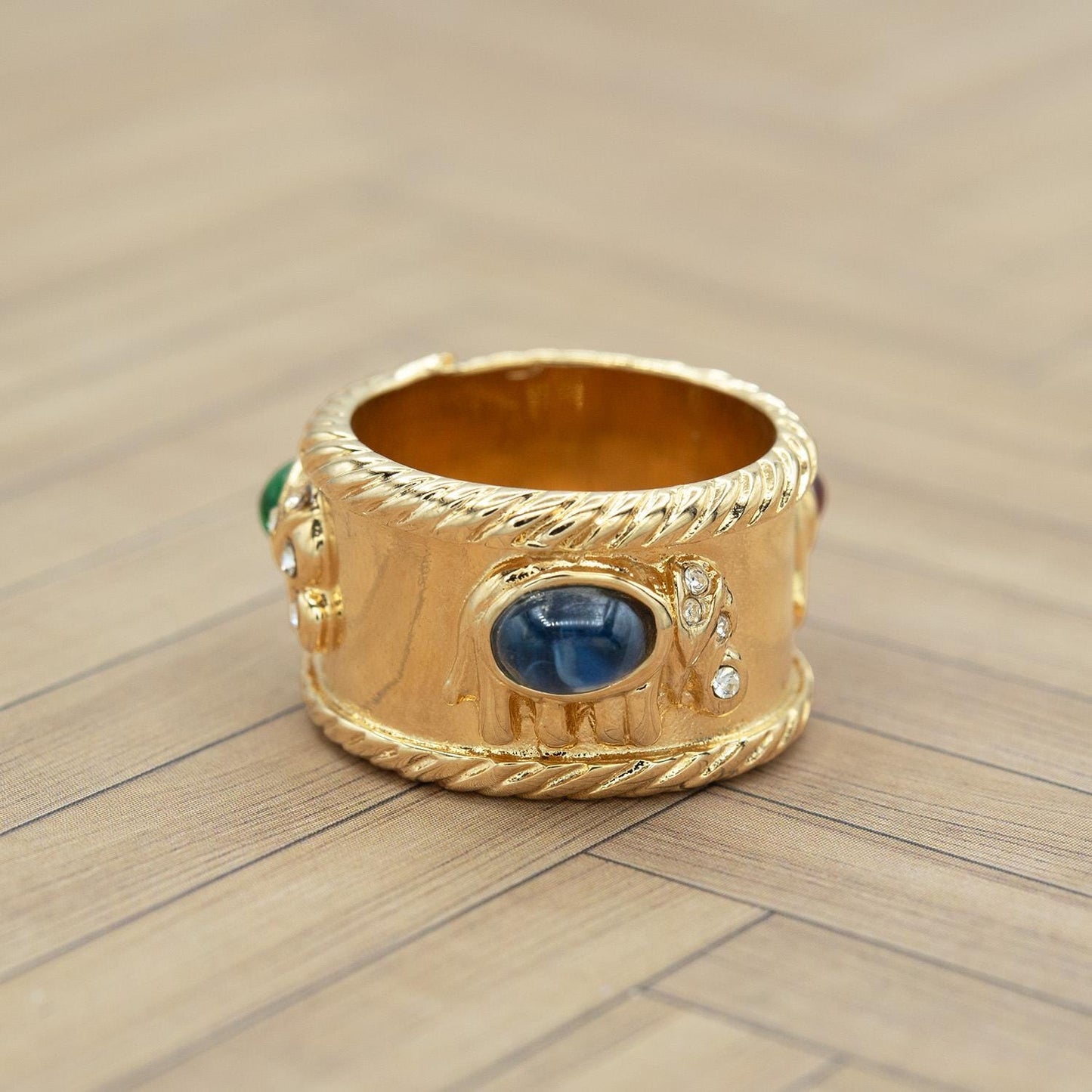 Vintage 1970s 18kt Gold Electroplated Womens Ring Ruby, Sapphire & Emerald Glass Cabochon Handmade Womens Antique Gold Band Birthstone Rings