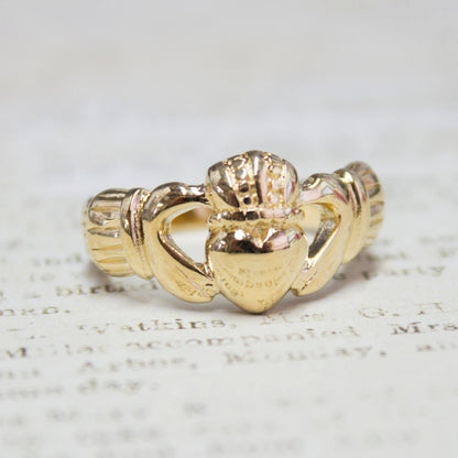 Handcrafted Vintage 18k Yellow Gold Electroplated Irish Claddagh Ring Made in USA