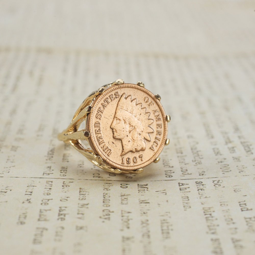 Vintage Indian Head Copper Penny Ring 18k Antiqued Yellow Gold Electroplated Made in USA