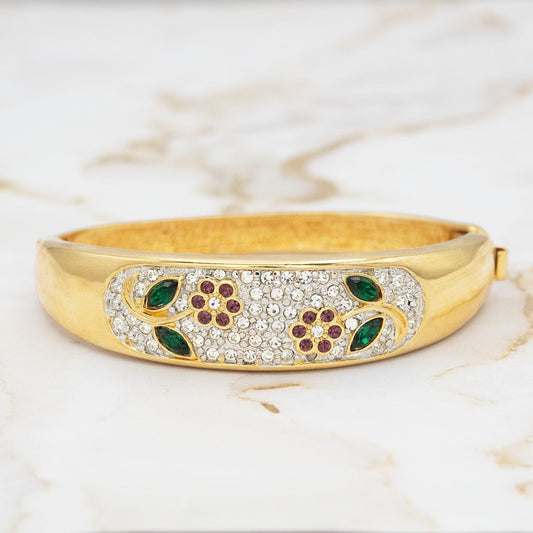 Vintage Womens Gold Plated Crystal Flower Design Bangle Bracelet Antique Estate Handmade Jewelry for Girls Layering Bracelets