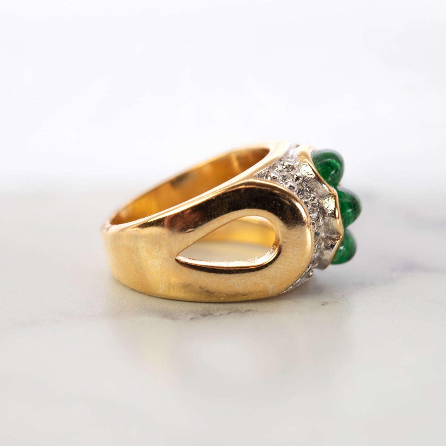 Vintage Ring Green Cabochon and Clear Crystal Ring 18k Gold Electroplated Ring