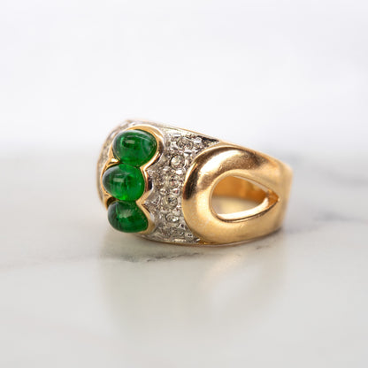 Vintage Ring Green Cabochon and Clear Crystal Ring 18k Gold Electroplated Ring