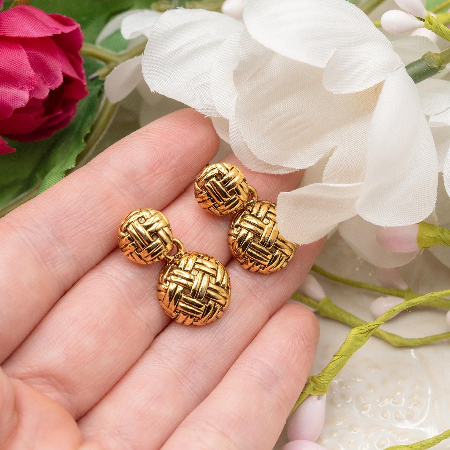 Vintage Womens Oscar De La Renta Gold Plated Weave Earrings Drop Dangle Designer Earring Jewelry For Women Handmade Antique Gold Pierced