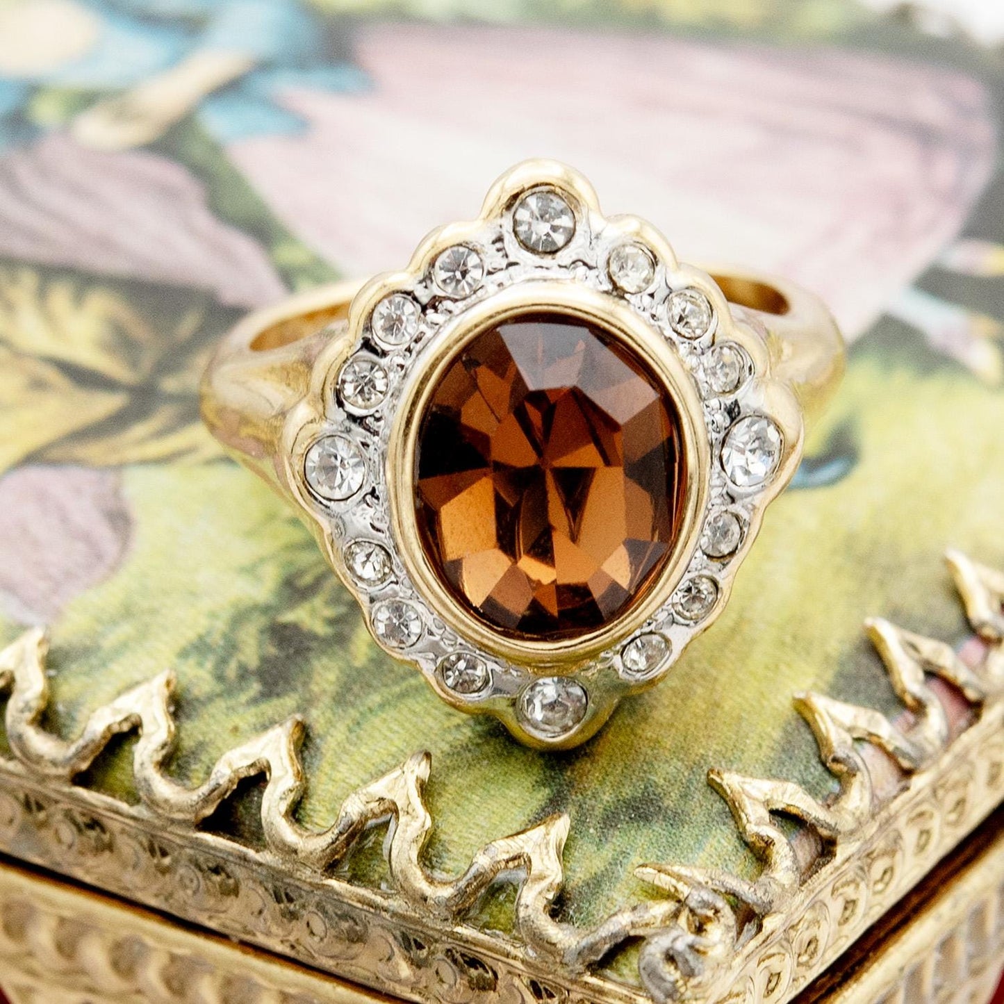 18k Gold Electroplated Smoke Topaz Crystal Girls November Birthstone Ring Vintage Victorian Design with Austrian Crystals
