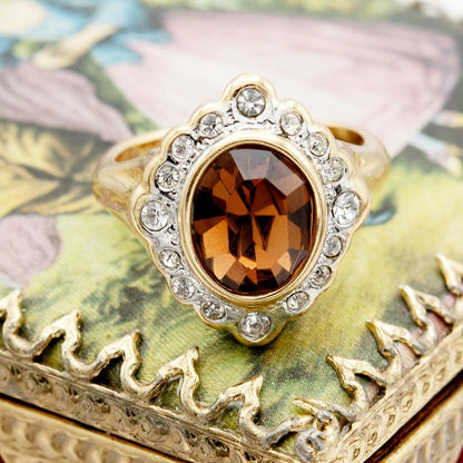 18k Gold Electroplated Smoke Topaz Crystal Girls November Birthstone Ring Vintage Victorian Design with Austrian Crystals