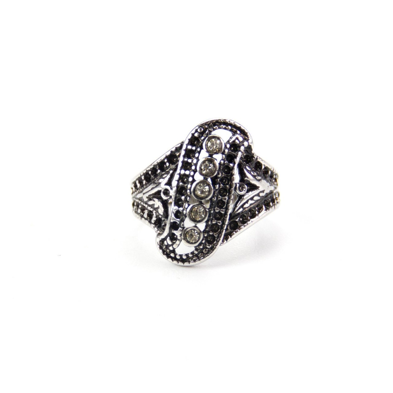 Vintage 1970's Antiqued 18k White Gold Electroplated Filigree Ring set with Austrian Crystals