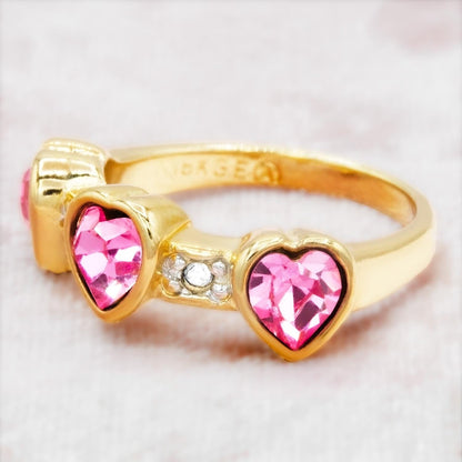 Vintage Ring Pink Crystal Triple Heart Womens Ring 18k Gold Electroplated Stacking Valentine's Day Womans Gifts Antique Jewelry